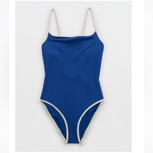 AERIE Wide Rib Scoop Full Coverage One Piece Swimsuit Anniversary Blue Size M